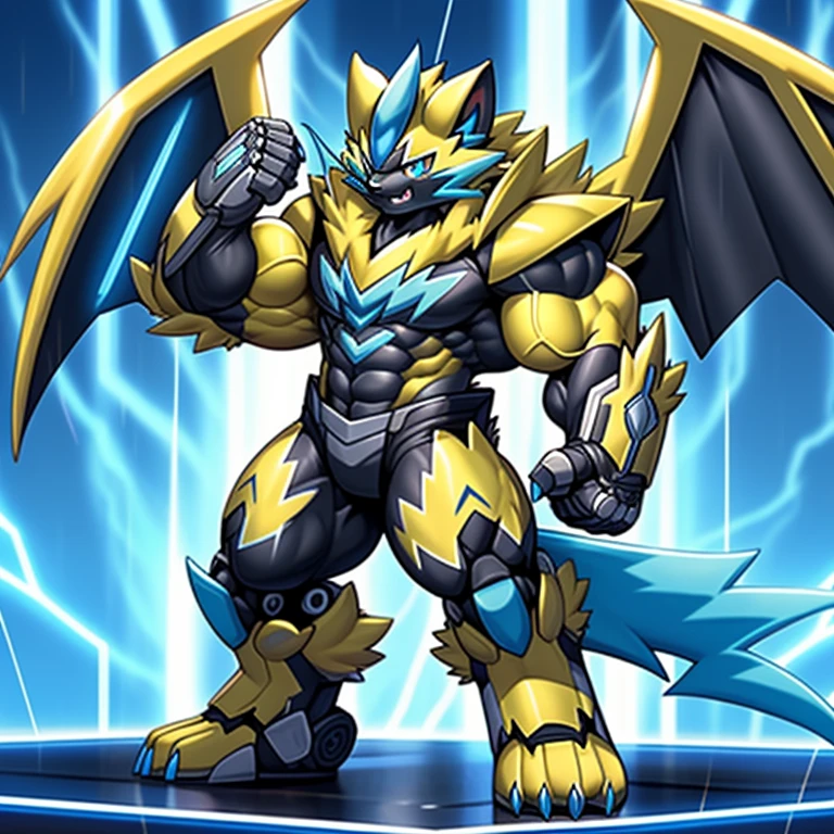 (masterpiece, best quality, detailed:1.2)
(Pokémon)
detailed full body,
Zeraora's giant robot.
Gigantic ZERAORA,
GIANT.
Protecting Zeraora's design and color scheme. scarf, A Zeraora at the bodybuilding competition, thunderstorm, rainy weather, lightning
wears a black cloak on his back.
It has wings.
whole body shines like metal.
Wearing cyberpunk mecha, emphasizes the muscles.
He wears the same armor as himself from head to foot. (emphasizes the muscles.)
suit fully made of metal,
intricate armor, Robotic suit, suit fully made of metal, cyborg,
big muscle.
pecs, triceps,
body full of huge muscles.
unusually developed muscular body,
A Zeraora at the bodybuilding competition,
massive,
huge muscular bodybuilder with extraordinary biceps, pecs, triceps, traps, gigachad, 300 lbs.
The claws are sharp, Sharp teeth,
with huge golden laser sword,