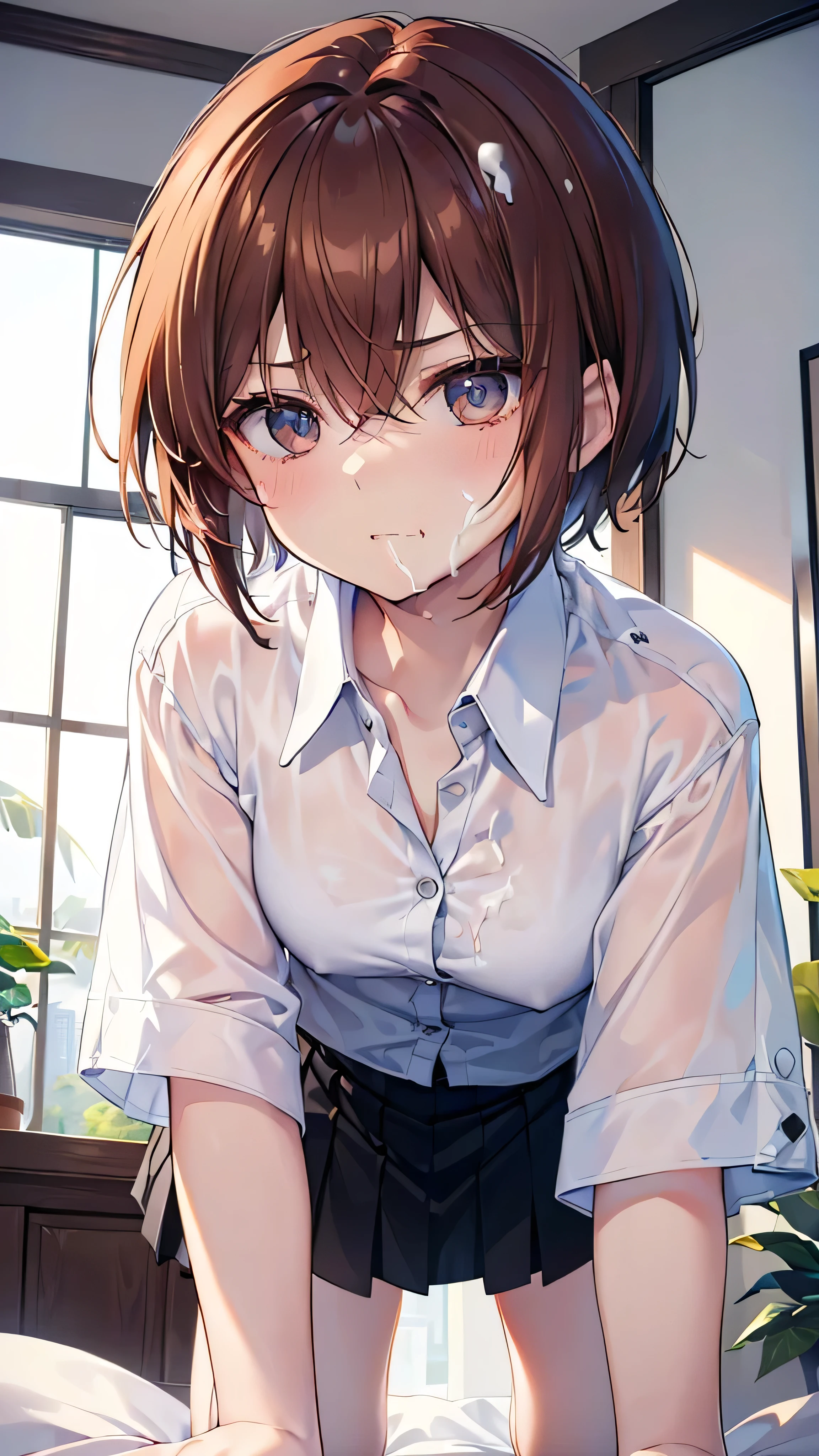 ((White whipped cream splattered、White whipped cream on hair、A lot of cream on the face、Cream flows around the mouth、Cream splattered on clothes))、White whipped cream