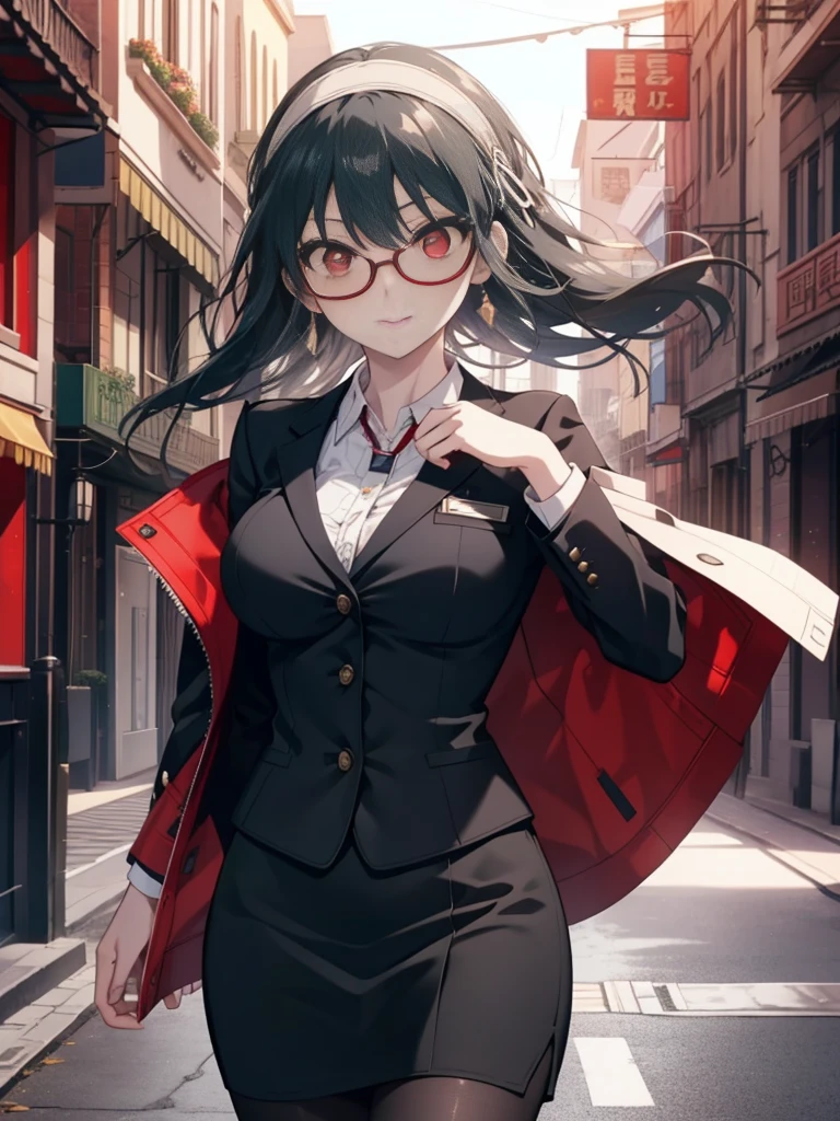 Missing Yoruba, you missed the thorns, bangs, hair band, (red eyes:1.5), black hair,long hair, smile, big breasts, OL, red glasses, Fundo, black suit jacket, collared jacket, white dress shirt, collared shirt, neckline, button, strap, ID card on the neck, black pencil skirt, black pantyhose, stiletto heels,Chaoyang,朝
break outdoors,city ,
break looking at viewer, whole body,(cowboy shot:1.5),
break (masterpiece:1.2), highest quality, High resolution, unity 8k wallpaper, (shape:0.8), (beautiful and detailed eyes:1.6), highly detailed face, perfect lighting, Very detailed CG, (perfect hands, perfect anatomy),
