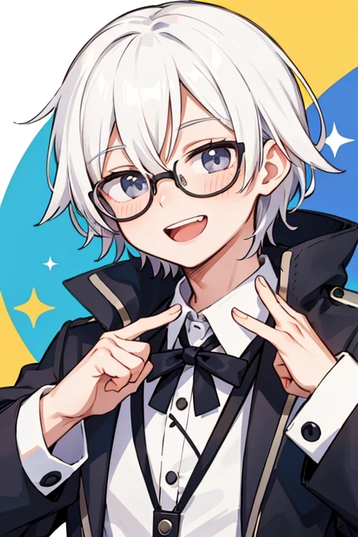 A 20 to 30-year-old man with white hair and glasses with a centered pattern on a multi-layered background is happy and cheerful