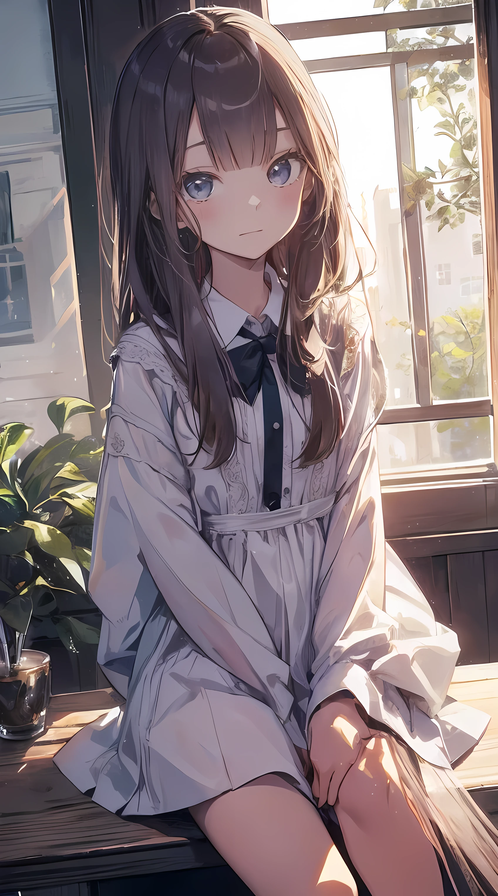 Masterpiece、Highest quality、highest quality、(((Lori)))、 ((((Petite))))、Shiny hair quality、Small face、Sitting、Super detailed, beautiful, wide eyes、Ultra-detailed, clear and beautiful faces、(cute illustration:1.2), High-resolution, ultra-detailed, best quality, embarrassed