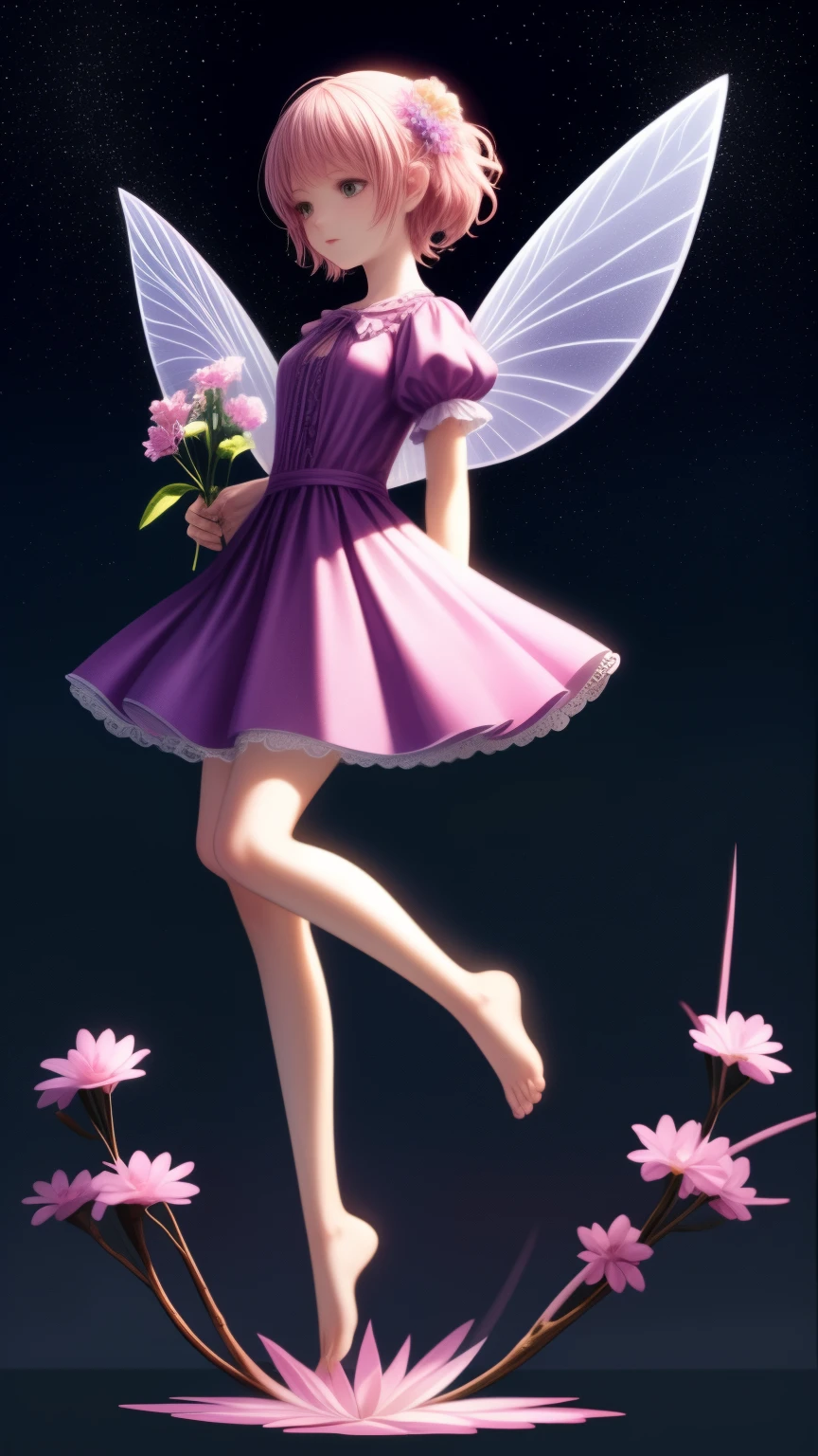 floating fairy above flowers, full body shot, detailed foot, detailed head