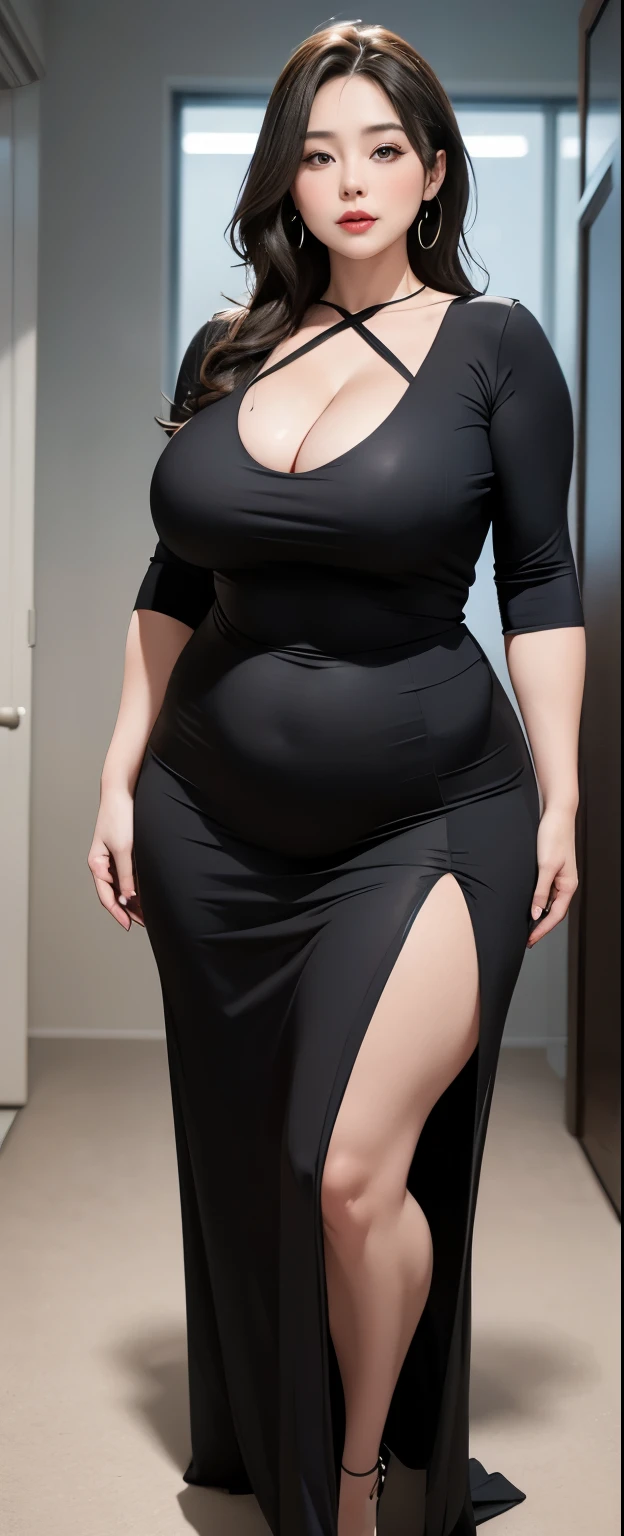 Chubby woman with fat belly and tight thighs, full body, 50-year-old mature woman, thick hips, thick neck, thick chest, big eyes, wearing a longest dress 