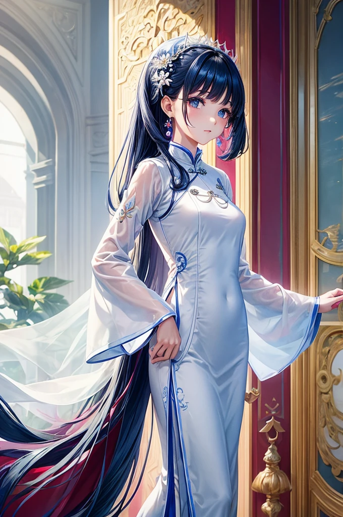 Girls wearing Ao Dai are sewn with thin silk or cotton cloth., With a long one、Close fitting white style,Very refined, The peacock pattern on the front of the shirt is very detailed, The girl is standing in a very gorgeous space,There are a lot of details