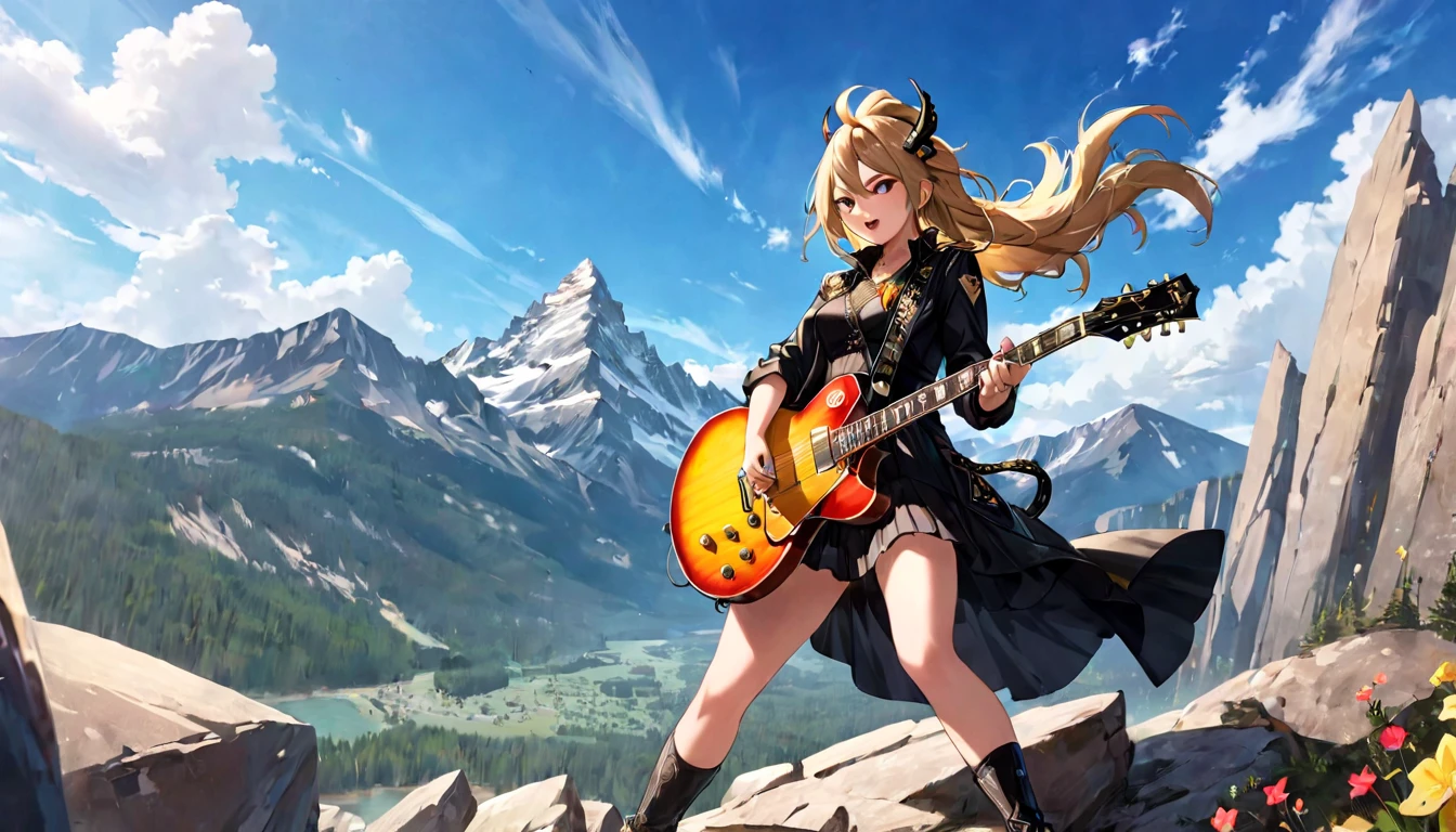 A rocky mountain top where a rockstar character strums a guitar fiercely,woman,forlin gote