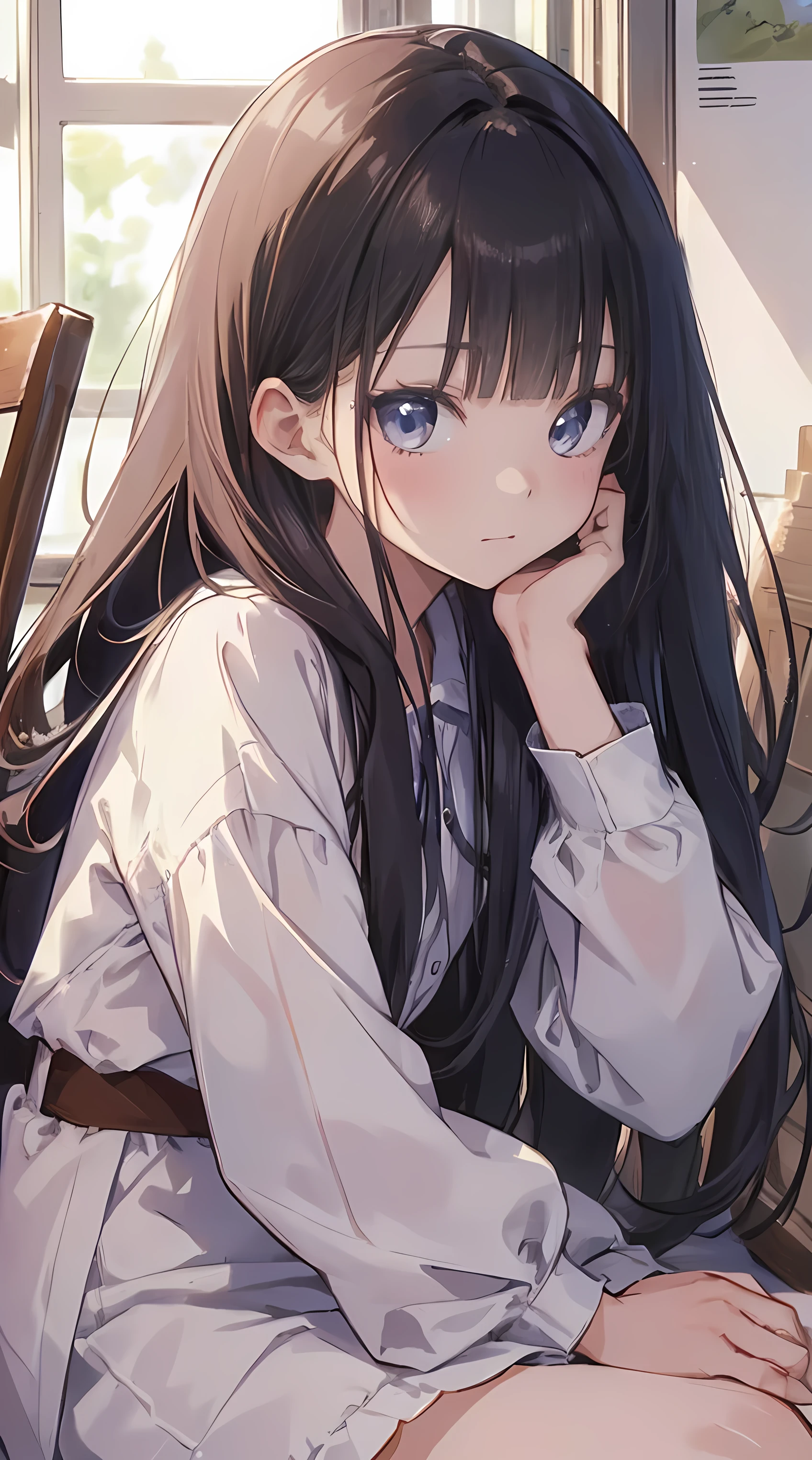 Anime girl sitting on the floor with her chin resting on her hand ...