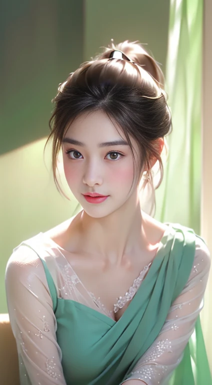 (Shoulder length black bob straight hair:1),((((8K))),((Extremely detailed CG)) ,(wallpaper),16K,((extremely delicate and beautiful))，(((masterpiece))),(((best quality))),(((超high resolution))),beautiful lights，perfect lightning，Realistic shadows，[high resolution],(Smooth and flawless fair skin:1.5),The facial details are extremely delicate,(Perfect body：1.1),Ultra Detailed,A beautiful girl,Small head,((very short ponytail)),Small face,Confused eyes female:1.3),(blush:1.3),Exquisite makeup,(Small Breasts:1.1),flat chest，Slim，Thin,happy,(Smile:1.2),(See-through lace pajama dress:1.3),clavicle, Cleavage,(Night view:1.5),in the kitchen,Warm indoor lighting,((sit in a chair next to the table)),(There is a large cup of coffee on the table:1.3),(Blue green background),looking at the audience,(Close-up of upper body above chest:1.2)
