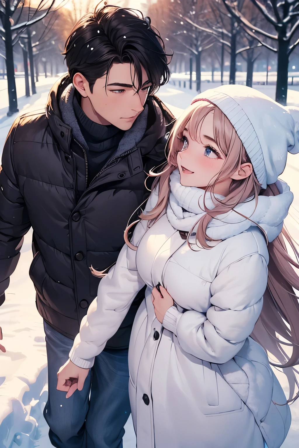 1 adult (25 years old) girl, (best quality, 8K), highly detailed image, detailed eyes, detailed lips,shader, epic quality, snow park, swirling snowflakes, beautiful winter, sweet and warmly dressed girl, walking behind a girl, a girl turns to a guy, side view, winter wonderland sparkling white snow, snow-covered trees, cozy atmosphere, happy couple, joyful facial expressions, rosy cheeks, romantic atmosphere