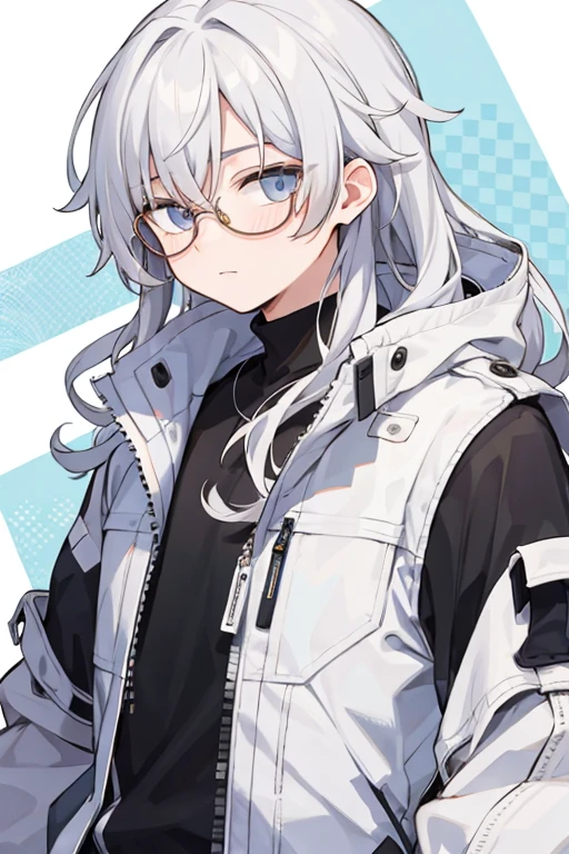 20-year-old male with white curly hair, glasses, center pattern, multi-layered background
