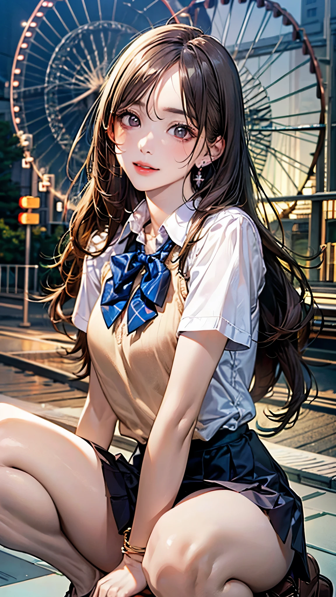 (masterpiece:1.2, top-quality), (realistic, photorealistic:1.4), beautiful illustration, (natural side lighting, movie lighting), nsfw,
beautiful detailed hair, beautiful detailed face, beautiful detailed eyes, beautiful clavicle, beautiful body, beautiful chest, beautiful thigh, beautiful legs, beautiful hands,
looking at viewer, 1 girl, japanese, high school girl, perfect face, cute and symmetrical face, shiny skin,
(long hair, straight hair, brown hair), forehead, gray eyes, slant eyes, big eyes, long eye lasher, (medium breasts), (small ass, thin thighs), slender, outstanding style,
(detailed cloth texture, short sleeve white collared shirt, navy school vest, navy pleated skirt, navy bow tie), earrings, necklace,
(beautiful scenery), amusement park, go-round, ferris wheel, (squatting, crouching, hands on chest, skirt hold), (seductive smile, upper eyes, parted lips),