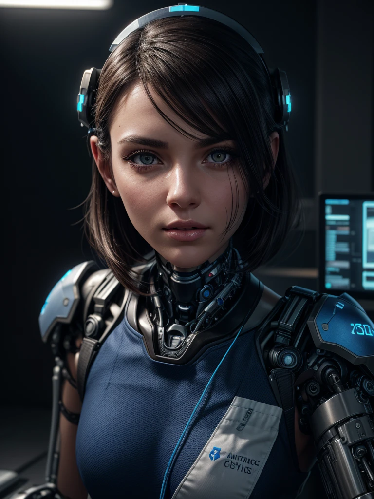 Cinematic Waist Up Portrait of gorgeous female cyborg nurse in a small city clinic, detailed face, detailed cybernetic enhanced blue retinas, insanely detailed and intricate scene and cybernetic limbs, donning field medic jumpsuit, ultra high resolution, octane render, octane lighting, cybernetic clear faceshield
