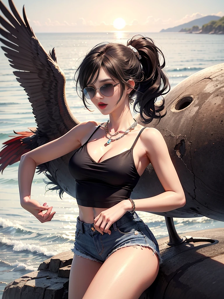 Ultra high quality，8K，gal girl，Sexy and feminine, high and cold，Enchanting，The head proportions are perfect，Black gray high ponytail，Wear a T-shirt, high-waisted shorts，Flaming red lips，Swan neck，neck chains，the sun is shining wide shot，With sunglasses