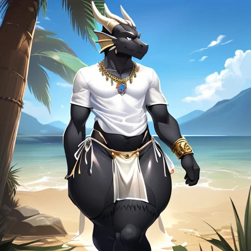 hi res,(((dragon))), (black body ), anthro, , , ((((long loincloth)))), ((((lingerie bikini, s\ex\y bikini, side-tie panties, tiny black thong)))), (((( male, , anthro, slim, skinny, bulge)))), male, , anthro, , slim, Skinny, tail, adults, mature, (((male))), (((((((((solo))))))))) outside, plant, standing, sea, tree, (water), detailed background,by milkytiger1145,by takemoto arashi,by null-ghost, cold atmosphere, open smile, soft blush, , ((((((((wearing white tshirts)))))))), ((((((((( thighs, thick thighs, wide hips))))))))), (((((golden accessory, loincloth accessory, loincloth jewelry, jewels and ornaments for loincloth, s\ex\y loincloth, belly dancer outfit, long pelvic curtain, narrow loincloth)))))