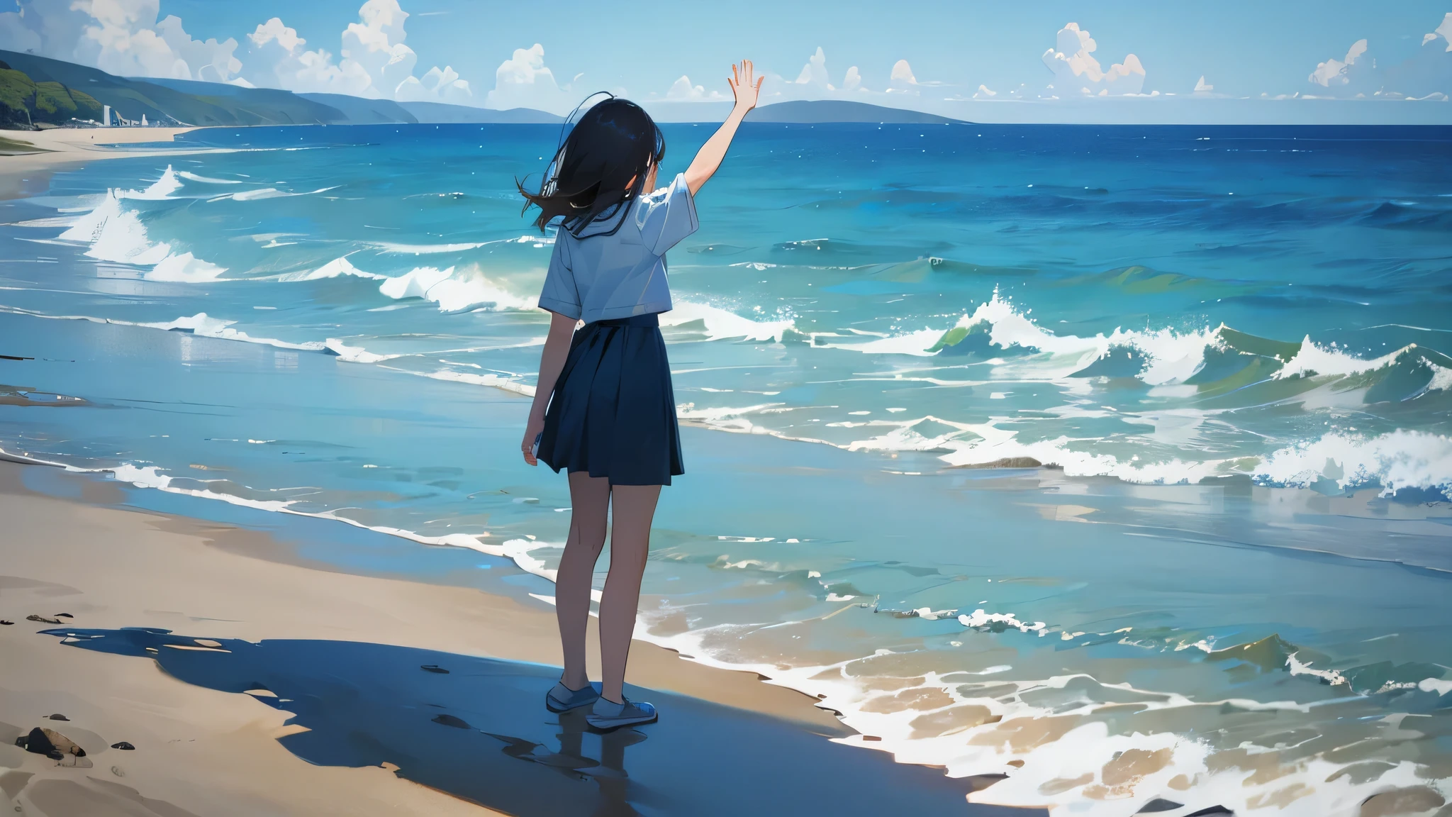 Sandy Beach　A girl with her back turned to the sea　Raising hands to the blue sky