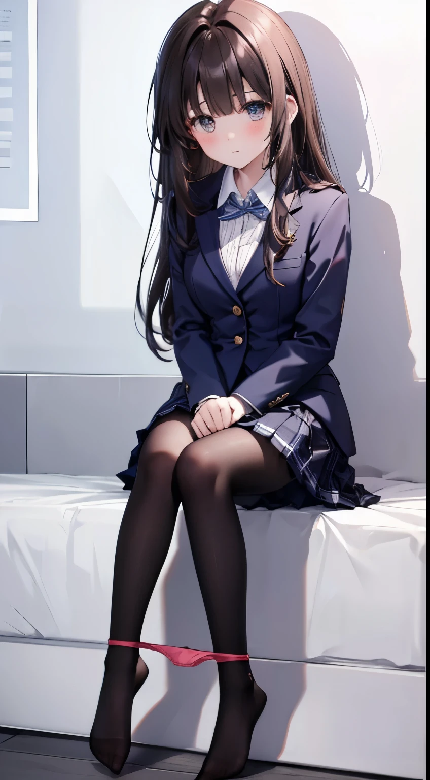 finest, masterpiece, High resolution, (Full body view from head to toe), Composition from slightly below the front, Symmetrical, 18 years old, slim and beautiful girl, alone, (small breasts), (not wearing shoes),Unkempt brown hair, bangs, (black tights), (black pantyhose), tied up with both arms hidden behind the back, , blush, shy big eyes, looking at camera, blazer uniform, plaid pleated skirt、Panties around ankles、Black knee-high socks