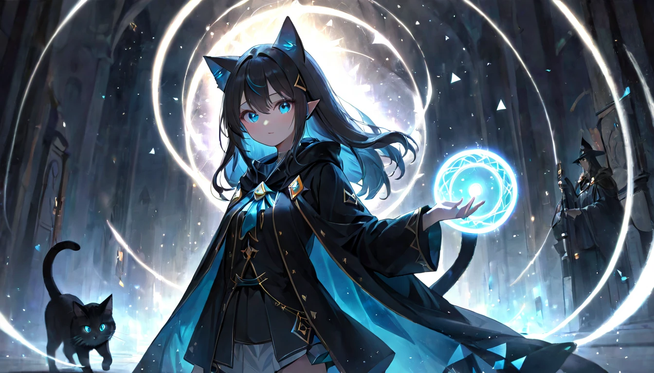 (masterpiece, best quality, very aesthetic, absurdres,general) , 1girl, solo, shot  wizard's cloak,shot wizard's trousers,shot skirt:1.2),BREAK,The girl is using magic,Glowing triangular magic circle,,cute girl、Girl with clear eyes、Straight long hair,cat ear,geybolg