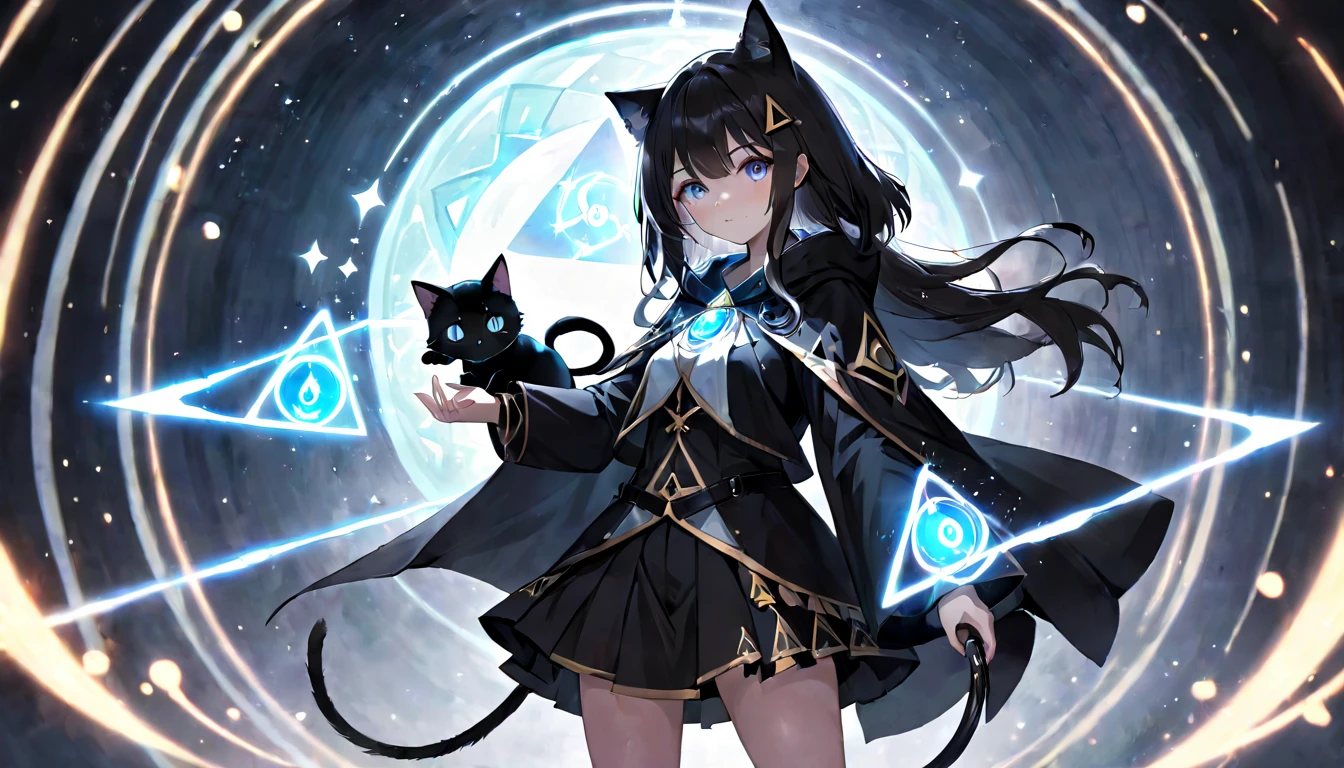 (masterpiece, best quality, very aesthetic, absurdres,general) , 1girl, solo, shot  wizard's cloak,shot wizard's trousers,shot skirt:1.2),BREAK,The girl is using magic,Glowing triangular magic circle,,cute girl、Girl with clear eyes、Straight long hair,cat ear,geybolg