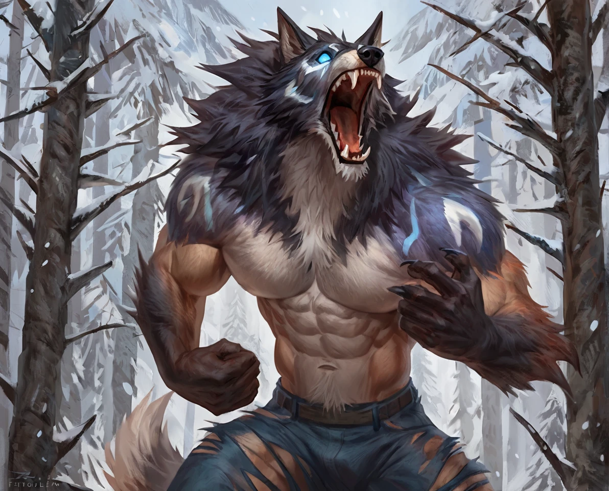 male kindred wolf, comic book style, illustration, solo, abs, pecs, concentrated expression, masculine body, masterpiece, best art, full body, by laobai, by taran fiddler, torn pants, torn shirt, detailed hands, tall, detailed eyes, detailed torso, forest, pain expression, transformation, yelling, halfway human face, snow