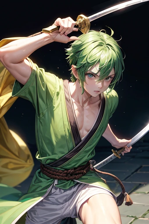 A swordsman with short green hair and three swords