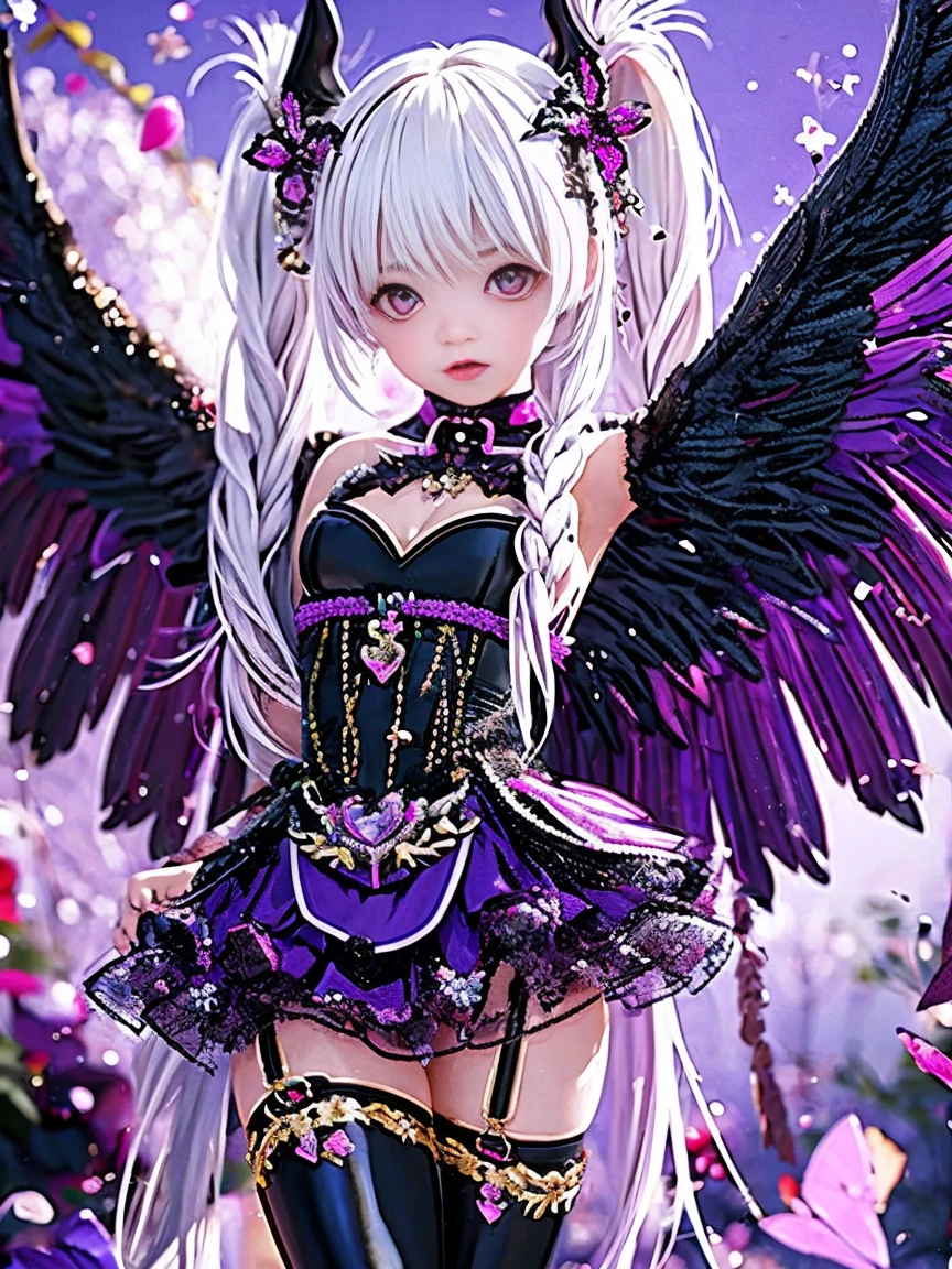 (masterpiece, best quality:1.2), 1 Girl, solo, White hair, Black Wings, wearing purple clothes, Decorated with pink hardware, anime style character, (whole body:1.3), Various postures, Black rainbow foil and dark purple gradient effect, It has exquisite details, Ultra-clear resolution, And cute cartoon characters