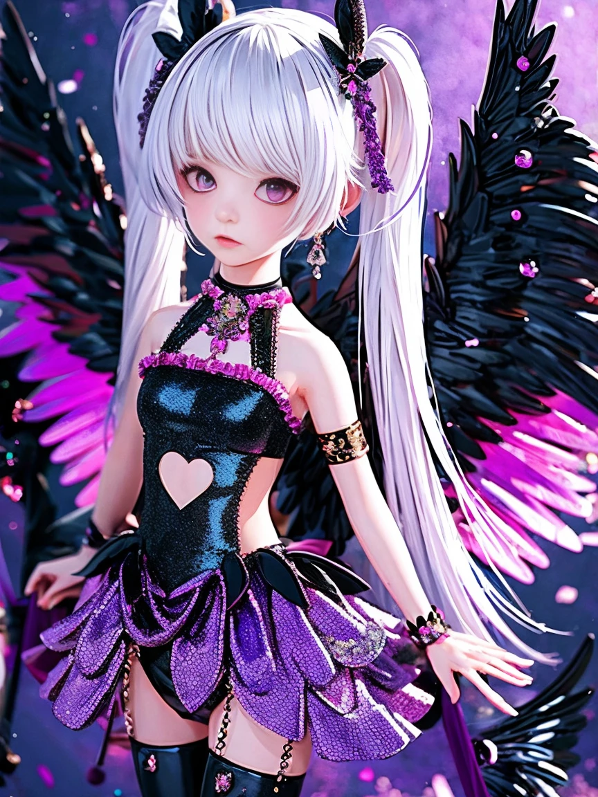 (masterpiece, best quality:1.2), 1 Girl, solo, White hair, Black Wings, wearing purple clothes, Decorated with pink hardware, anime style character, (whole body:1.3), Various postures, Black rainbow foil and dark purple gradient effect, It has exquisite details, Ultra-clear resolution, And cute cartoon characters