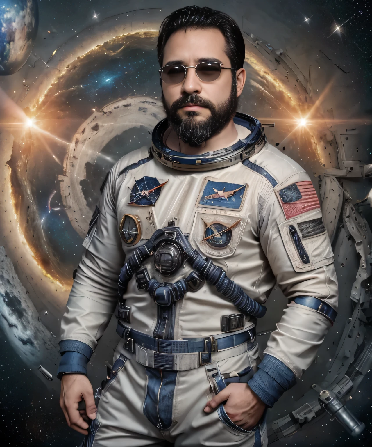 Obra maestra, desenfoque de campo, Parte superior del cuerpo, Hands in pants pockets, 38 year old chubby man with beard and square sunglasses.. Man in astronaut shirt in a space movie with a sunburst in the background. Traje de astronauta.