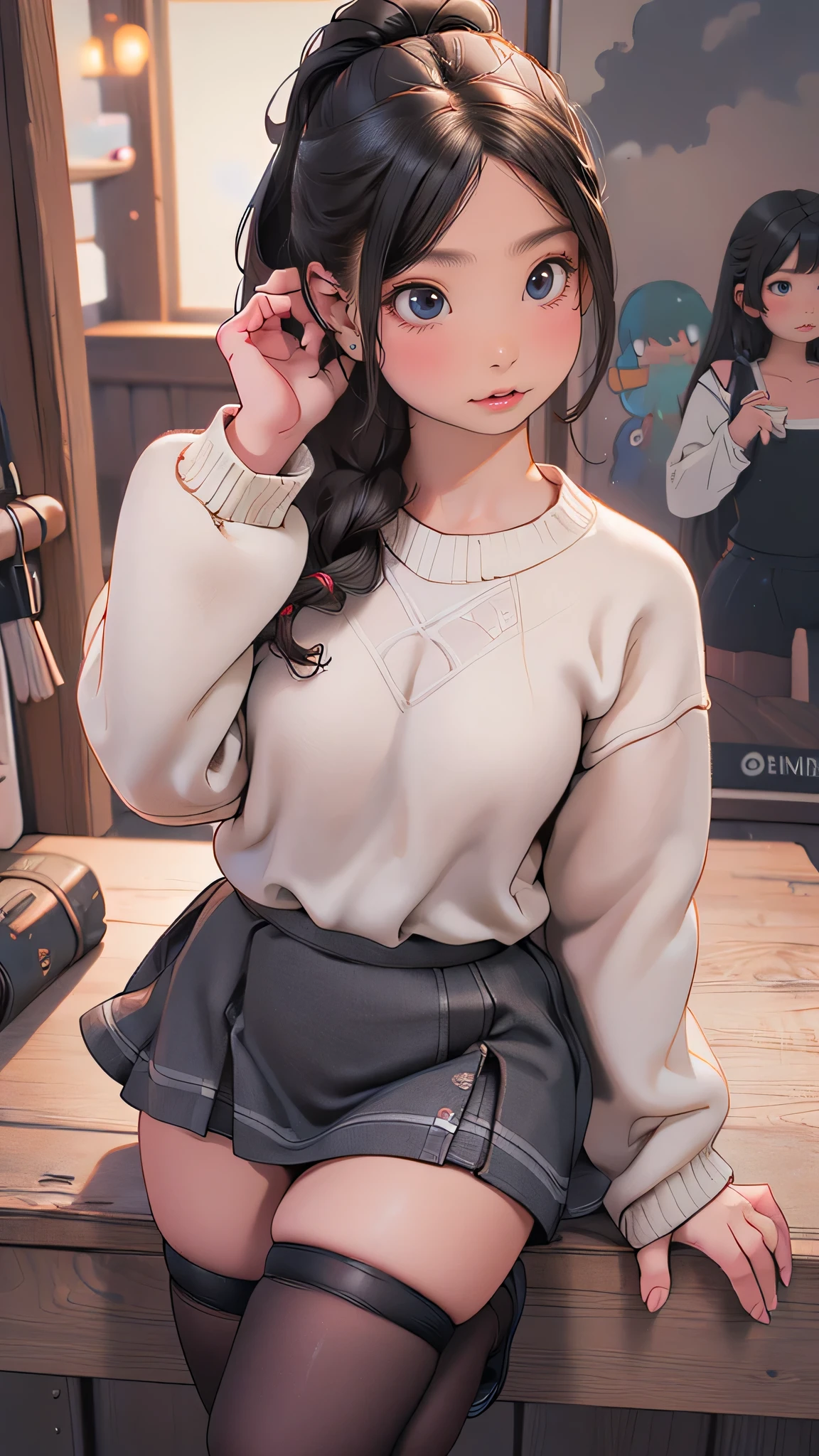 (random porn pose),(random hairstyle),(Highest image quality,(8k),ultra-realistic,best quality, high quality, high definition, high quality texture,high detail,beautiful detailed,fine detailed,extremely detailed cg,detailed texture,a realistic representation of the face,masterpiece,Sense of presence),sweater,tight mini skirt,stockings,Engineer boot