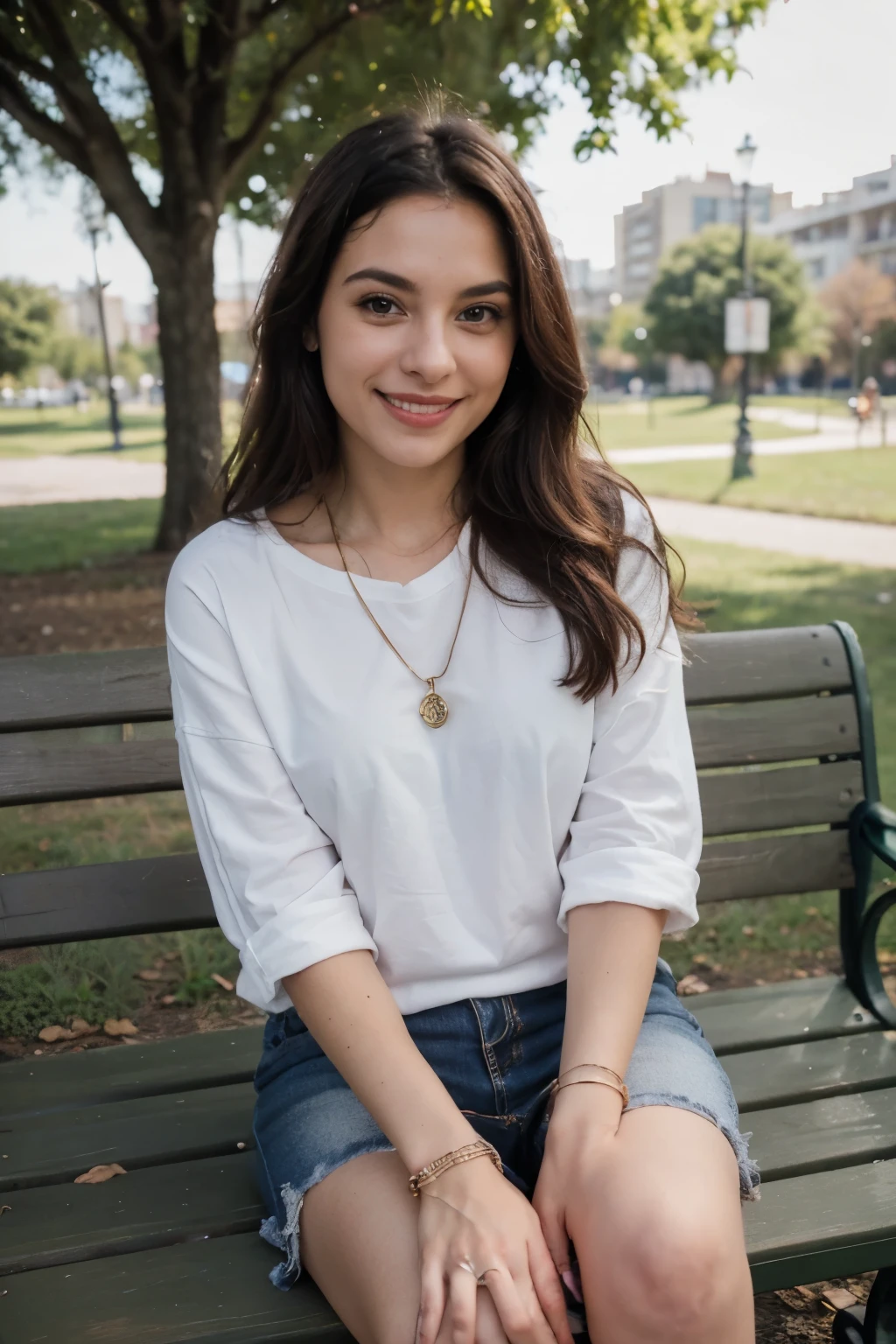 ((melhoDynamic portrait of @Aury, Aury smiling looking at the camera dressed in casual clothes, wearing jewelry, sitting on a park benchr qualidade)), ((obra de arte)), (detalhado), rosto perfeito