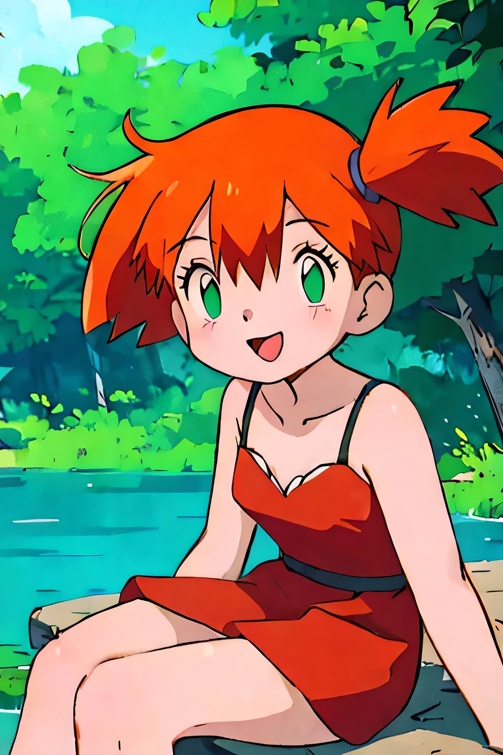 misty, 1girl, solo, long_hair, breasts, looking_at_viewer, short_hair, open_mouth, bangs, outdoor, lake, hair_between_eyes, bare_shoulders, sitting, green_eyes, collarbone, small_breasts, smile, orange_hair, side_ponytail, bare_arms, shadow, arm_support, one_side_up, red_dress, hair_tie, ;o, cowboy_shot