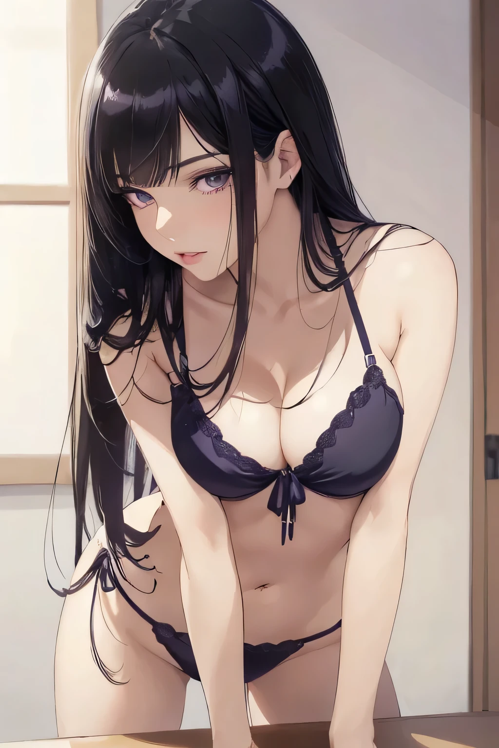 ((best quality)), ((masterpiece)), (detailed), perfect face, perfect face, 1 Women, violet slit eyes, long black hair, Straight across bangs, grown-up face, parted lips, medium breasts, bikini, lower body, (leaning forward:1.3), Stimulating, (anime coloring:1.1), (back angle:1.1)