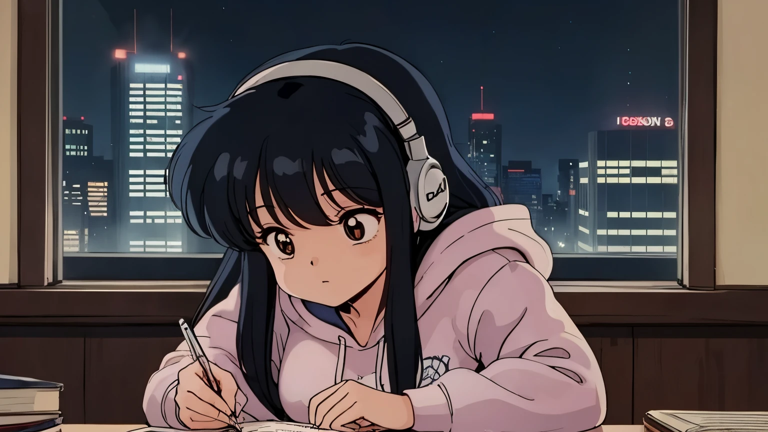 (90s anime),(city pop),(Ghibli),(ultra-detailed,master piece,best quality,high resolution,perfect eyes,perfect hands,ultra-detailed eyes,perfect fingers),(A girl wearing headphones and a hoodie and pants is studying hard at her desk in her room), (expressionless girl),(the girl doesn't look this way),(You can see the city pop-style night view from the window),(the girl is writing in a notebook,atmosphere of the night,so dark that you can see the night,so dark that you can see the night)
