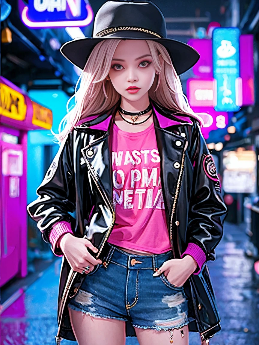 (Representative :1.2), 16k, neon background, Cyberpunk background, Cyberpunk, get off the sports car, Neon lighting effect reflected on the character's body, neon lighting effect, line neon,1 girl, night, blurred background, brown eyes, cowboy, denim jacket, depth of field, hands in pockets, upper body, slanted body, above hips, hat, hoodie, coat, jeans, lips, looking at the viewer, neon, open clothes, open jacket, slightly lifted lips , rainbow, shirt, solo, standing,(Exquisite and perfect demeanor:1.3),(dream),(Ultra HD, masterpiece, precise, Anatomically correct, textured skin, High Detail, high quality, The award-winning, 8k)