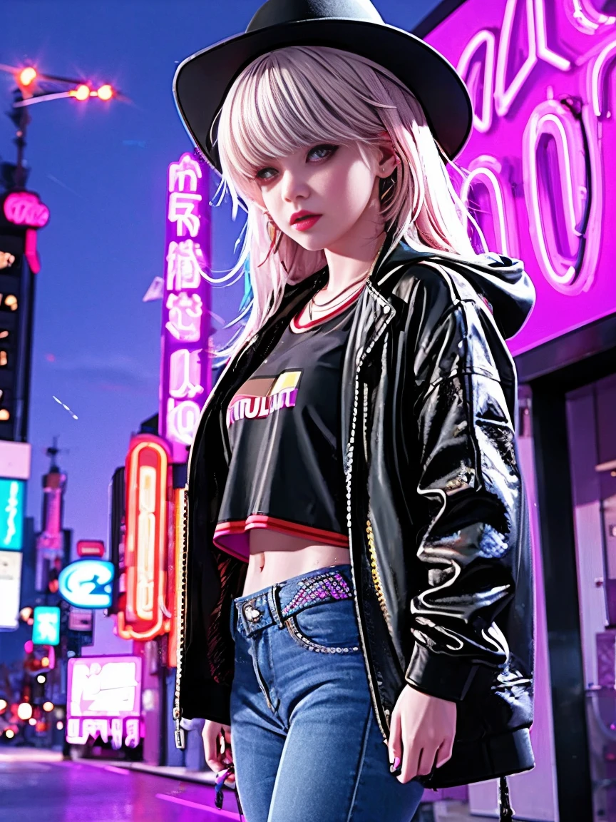 (Representative :1.2), 16k, neon background, Cyberpunk background, Cyberpunk, get off the sports car, Neon lighting effect reflected on the character's body, neon lighting effect, line neon,1 girl, night, blurred background, brown eyes, cowboy, denim jacket, depth of field, hands in pockets, upper body, slanted body, above hips, hat, hoodie, coat, jeans, lips, looking at the viewer, neon, open clothes, open jacket, slightly lifted lips , rainbow, shirt, solo, standing，(Exquisite and perfect demeanor:1.3)，(dream)，(Ultra HD, masterpiece, precise, Anatomically correct, textured skin, High Detail, high quality, The award-winning, 8k)