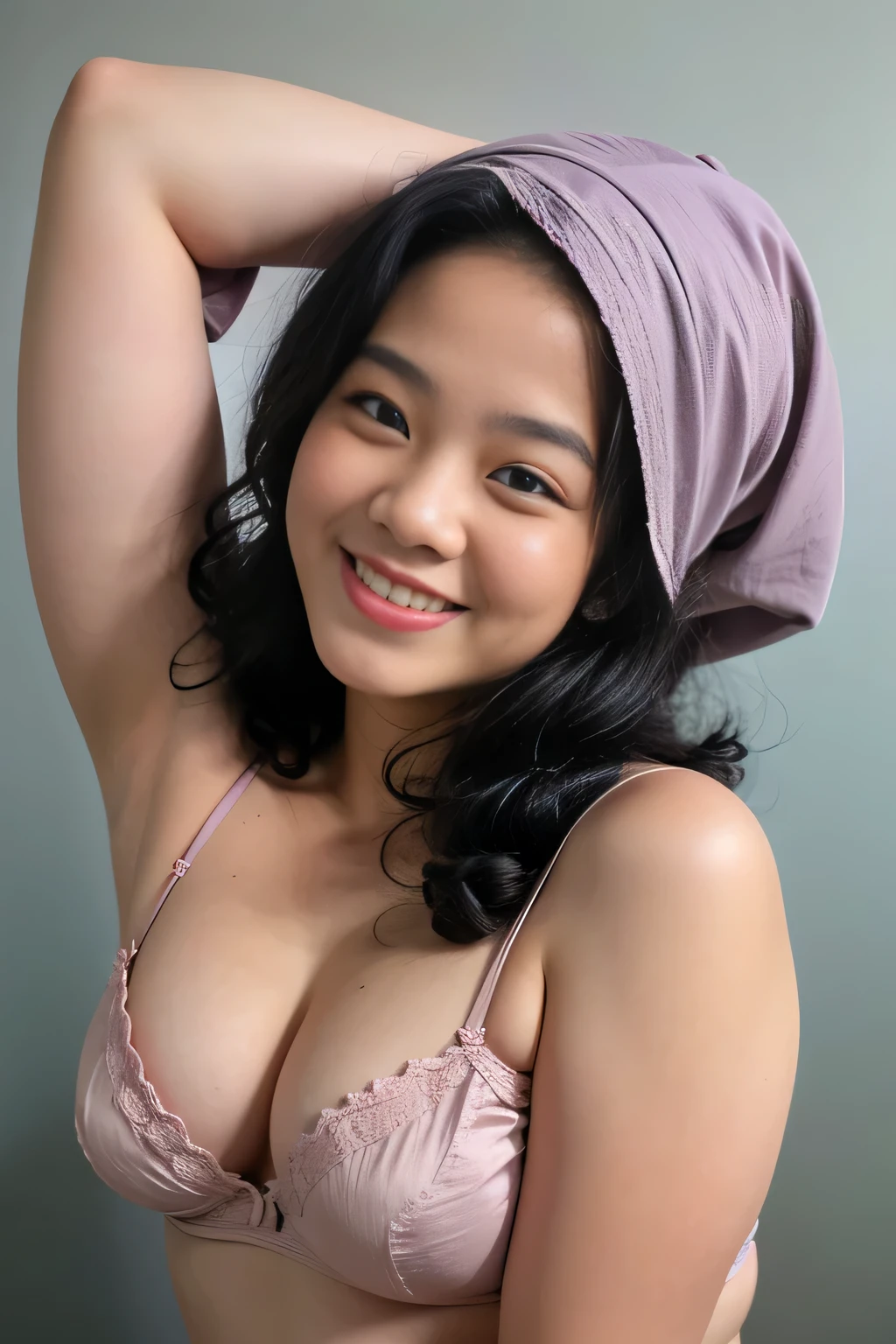 Malay girl in hijab wearing sexy lilac color satin bra and panties portrait photography, mid shot photo, ultra detail, professional photograph with professional lighting, smile, light blue studio background, sexy seducing pose, curvy