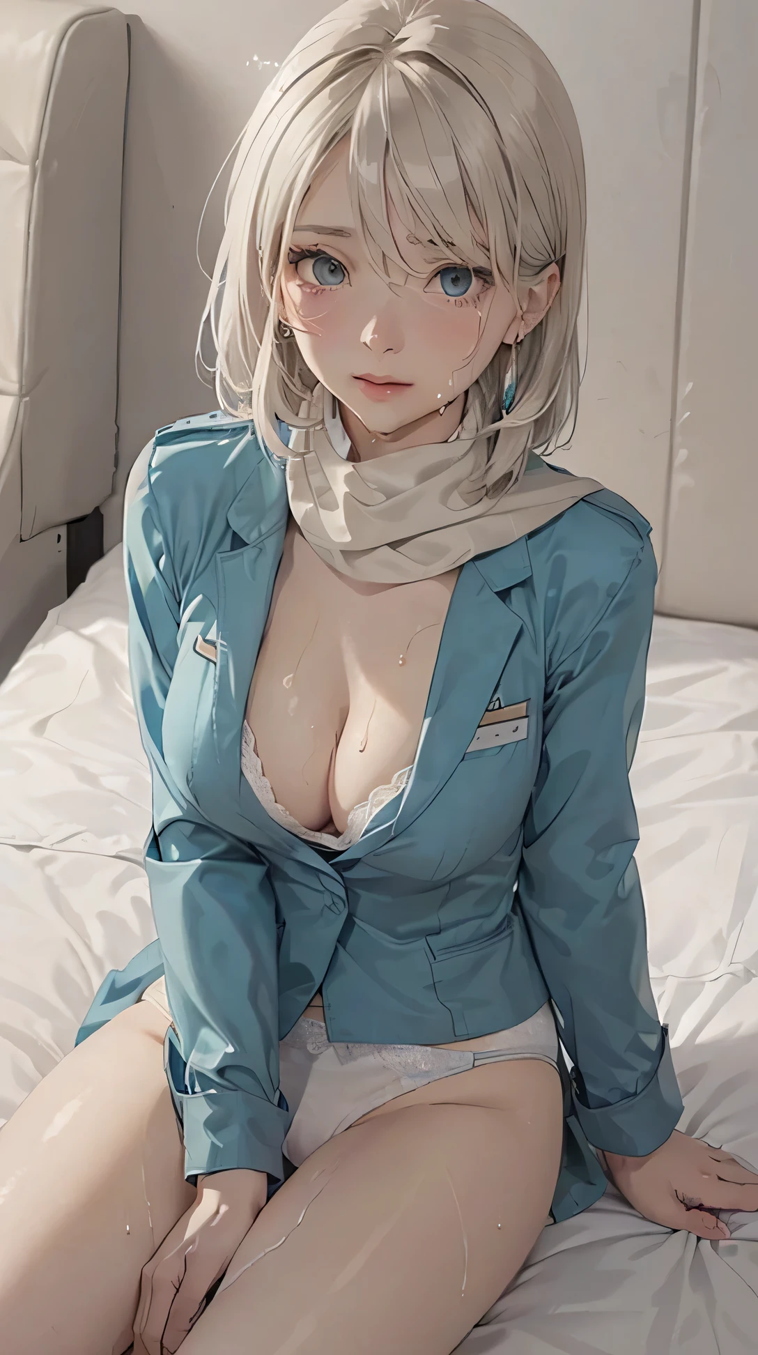 (masterpiece: 1.3), (Maximum resolution: 1.2), (Ultra HDTV: 1.2), Cinematic Light, 8k resolution, Detailed facial features , (Sharp focus: 1.2), (Focus on the face:1.2),Perfect Style, Beautiful Face, Acura, Anatomically correct, Highly detailed face and skin quality感, Beautiful Eyes,Transparent eyes, natural cheeks, Glowing Skin, (Glossy Lips: 1.4),、 (A shameful expression: 1.2),Highly detailed face and skin quality, natural cheeks, , Glossy Lips,Exposed cleavage、(White mucus on chest:1.6)(White mucus on thighs:1.6)、 blush、Humiliating、shame、Please open your knees、dissatisfaction、anger、tears、sorrow、Glaring at the camera、Spread your legs、 White underwear、White bra、Sparkly little earrings and necklace、Disheveled clothes、Exposed panties、stockings、Drenched in sweat、Thin underwear、Wet underwear、stockings 、Long Hair、32 years old, Clean woman,1 person、 first class cabin、On the bed(On my back, Lying down in bed, Lying down in bedいる, Lying down, White sheets:1.3)、Blonde、Silver Hair、Black brown hair、Blue-gray eyes、Green Ash Eye,(Stewardess Uniform:1.4)、scarf、dissatisfaction、Masturbate、Nipple exposure、Soft Breasts、