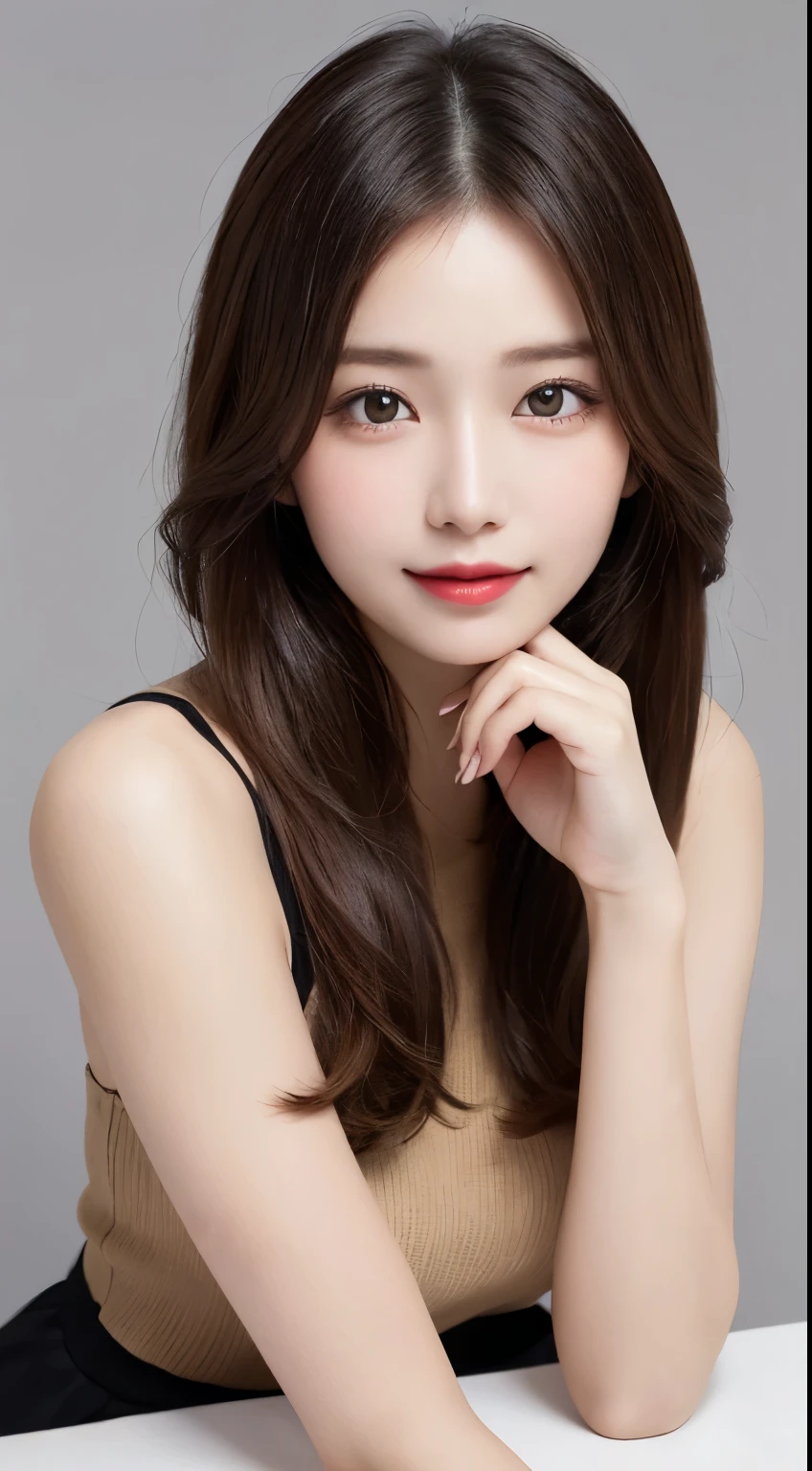 on the table, best quality, shape, Ultra Detailed, Finely, high resolution, 8k wallpaper, 完璧なダイナミックな構shape, Beautiful and delicate eyes, Medium Length Hair, Small Breasts, Natural lipstick, Casual sexy pose,Smile,20 year old girl、midnight、Beautiful and detailed face、Perfect beautiful face,big eyes、original photo、Use the whole body to express the feminine posture、Beautiful and delicate eyes、Small face、Beautiful duplex、Facelift and style,skirt、Beautiful golden ratio face,Long hair