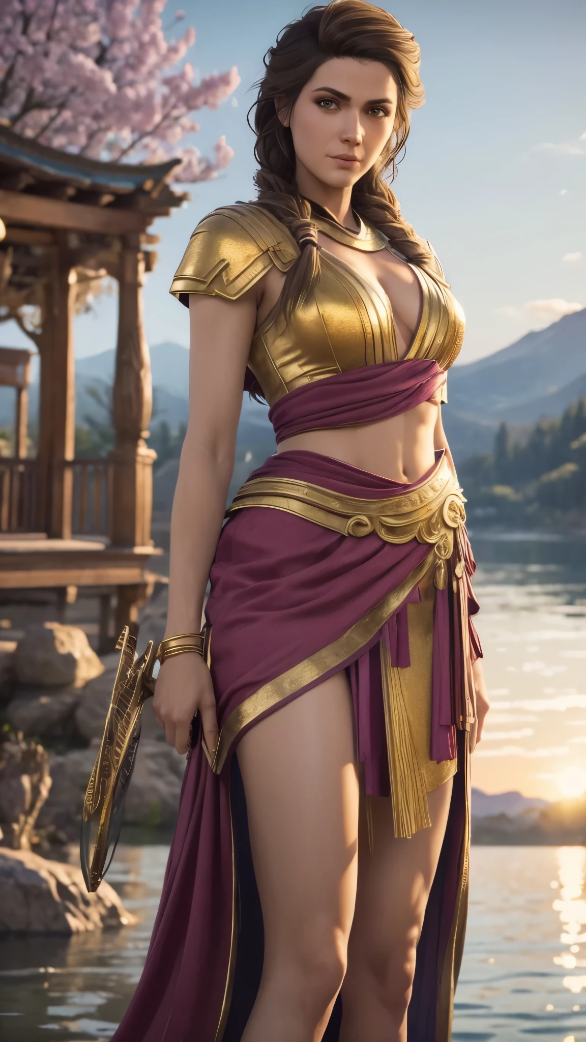 Kassandra, masterpiece, best quality, detailed, (1girl), solo, detailed golden eyes, long hair, standing, close to viewer, (detailed kimono), light smile, medium breasts,  (arms behind back), water, sunset, (hair ornament), (Sakura bloom),  snow mountain lake in the background