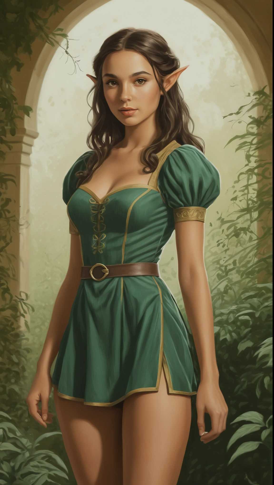 An illustrated movie poster, hand-drawn, full color, a teenage elven girl, wearing a corduroy mini-dress, sun-tanned complexion, very tall, athletic body, hourglass figure, curvy, slightly chubby, bottom-heavy, generous hips, massive bubble-butt, long legs, ridiculously thick powerful thighs, golden brown eyes, long pointy elf ears, dark hair, long loose waves, posing in a royal garden, hard shadows, graphite shading, stencil marks, airbrushed acrylic paint, masterpiece, in the style of Lord of the Rings