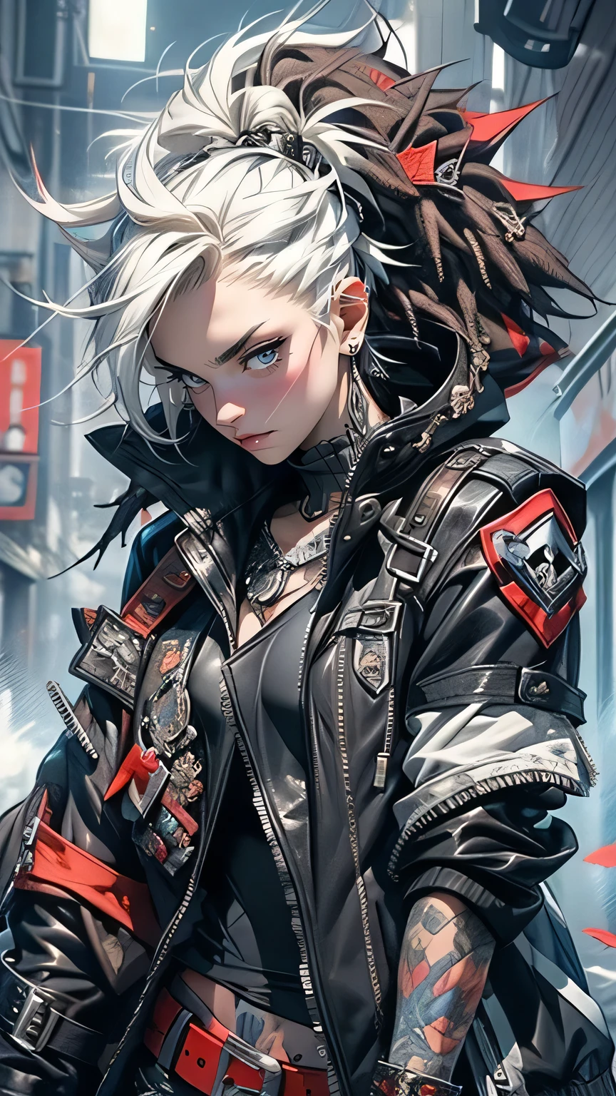 A punk rock version of Snow White, dressed in a rebellious fusion of avant-garde fashions. (standing: 1.2), red cape with hood and ripped mesh details, adorned with punk-inspired patches and brooches. Septum earrings, more calls, tattered dreadlocks, more patches, dirty, torn, anti-union spiked leather jackets, hardcore punk style jackets, punk badges, combat boots tied to legs, Rebellin, Dal, Emo orange, ct- niji2,dal