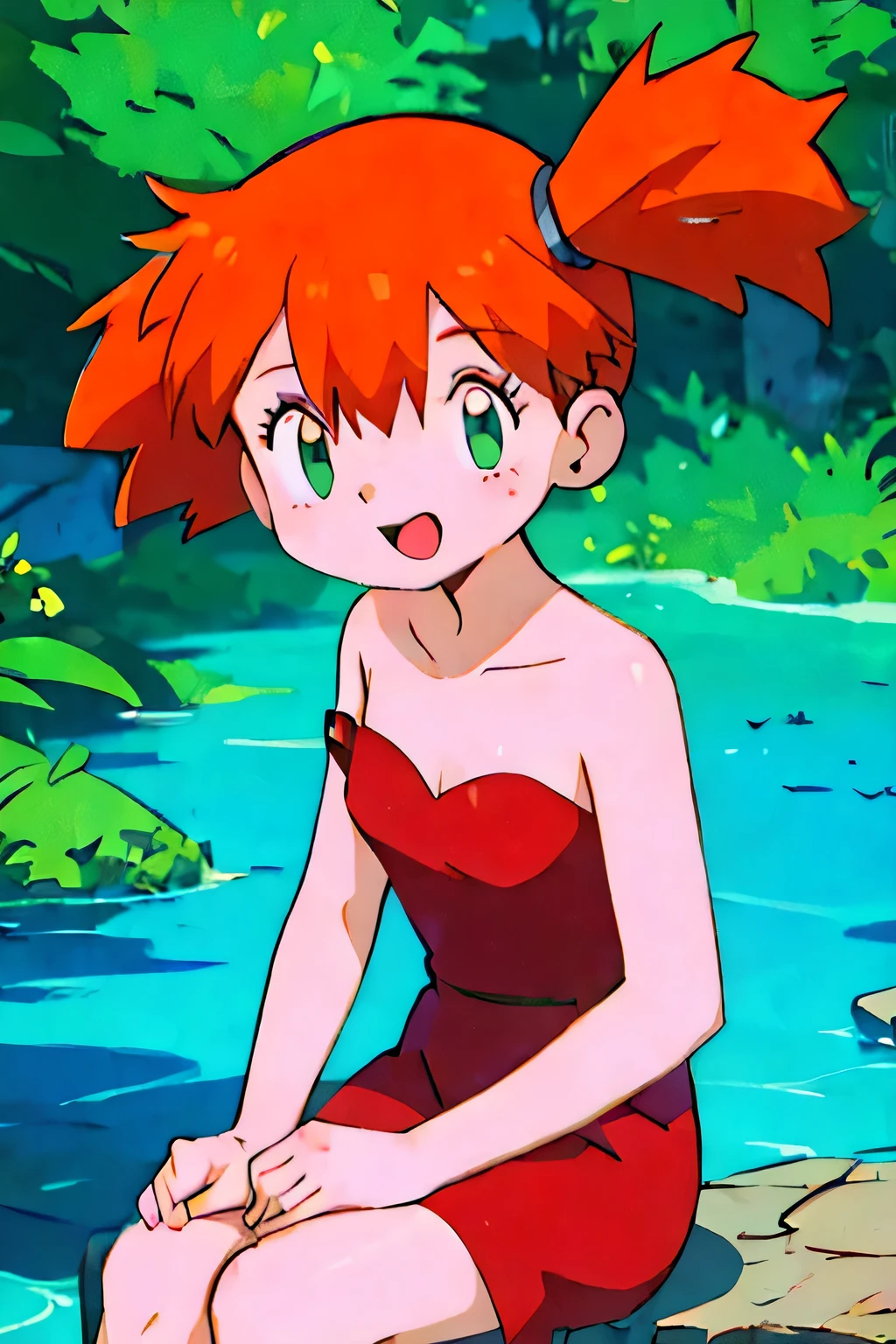 misty, 1girl, solo, long_hair, breasts, looking_at_viewer, short_hair, open_mouth, bangs, outdoor, lake, hair_between_eyes, bare_shoulders, sitting, green_eyes, collarbone, small_breasts, smile, orange_hair, side_ponytail, bare_arms, shadow, arm_support, one_side_up, red_dress, hair_tie, ;o, cowboy_shot