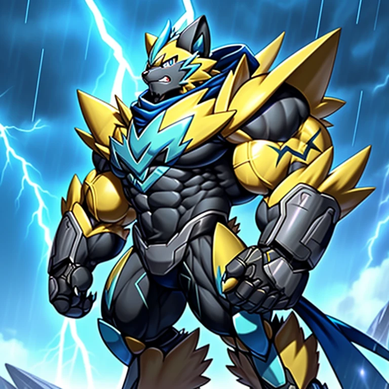 (masterpiece, best quality, detailed:1.2)
(Pokémon)
detailed full body,
Zeraora's giant robot.
Gigantic ZERAORA,
GIANT.
Protecting Zeraora's design and color scheme. scarf, A Zeraora at the bodybuilding competition, thunderstorm, rainy weather, lightning
wears a black cloak on his back.
It has wings.
whole body shines like metal.
Wearing cyberpunk mecha, emphasizes the muscles.
He wears the same armor as himself from head to foot. (emphasizes the muscles.)
suit fully made of metal,
intricate armor, Robotic suit, suit fully made of metal, cyborg,
big muscle.
pecs, triceps,
body full of huge muscles.
unusually developed muscular body,
A Zeraora at the bodybuilding competition,
massive,
huge muscular bodybuilder with extraordinary biceps, pecs, triceps, traps, gigachad, 300 lbs.
The claws are sharp, Sharp teeth,
with huge golden laser sword, It's big inside my panties