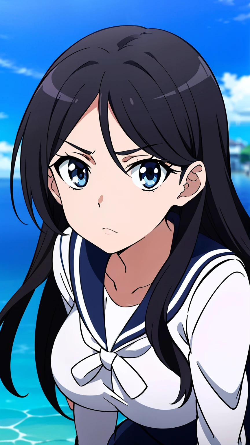 highest quality, High resolution, Anime Screen Capture, Anime Color, In 8K, Anime key visual,  1 girl, cute, Long black hair, 18 years, Big Breasts, (Sailor suit,:1.4), Perfect Anatomy, Beautiful and elaborate face, Fine and beautiful eyes, Beautiful fine hair, Beautiful and exquisite body, Beautiful contours, Stylish pose, Stylish angle