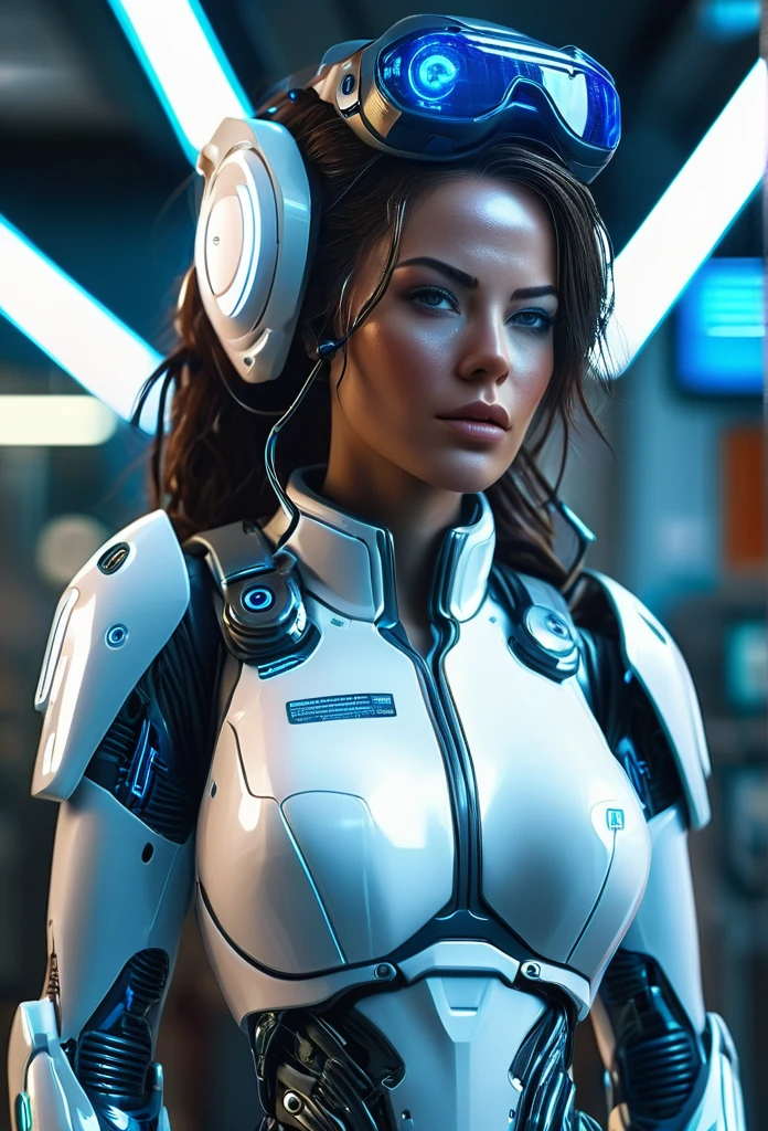 Cinematic Waist Up Portrait of gorgeous female cyborg nurse in a small city clinic, detailed face, detailed cybernetic enhanced blue retinas, insanely detailed and intricate scene and cybernetic limbs, donning field medic jumpsuit, ultra high resolution, octane render, octane lighting, cybernetic clear faceshield