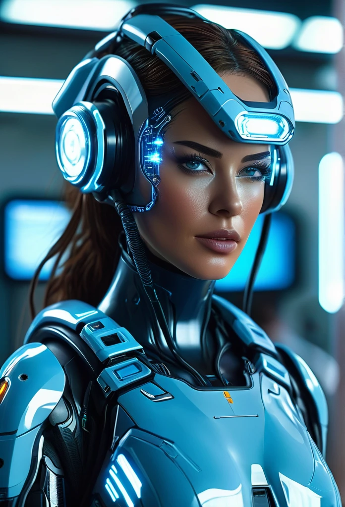 Cinematic Waist Up Portrait of gorgeous female cyborg nurse in a small city clinic, detailed face, detailed cybernetic enhanced blue retinas, insanely detailed and intricate scene and cybernetic limbs, donning field medic jumpsuit, ultra high resolution, octane render, octane lighting, cybernetic clear faceshield