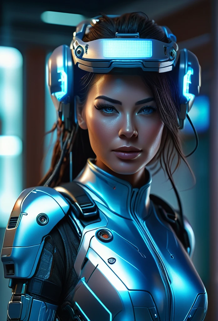 Cinematic Waist Up Portrait of gorgeous female cyborg nurse in a small city clinic, detailed face, detailed cybernetic enhanced blue retinas, insanely detailed and intricate scene and cybernetic limbs, donning field medic jumpsuit, ultra high resolution, octane render, octane lighting, cybernetic clear faceshield