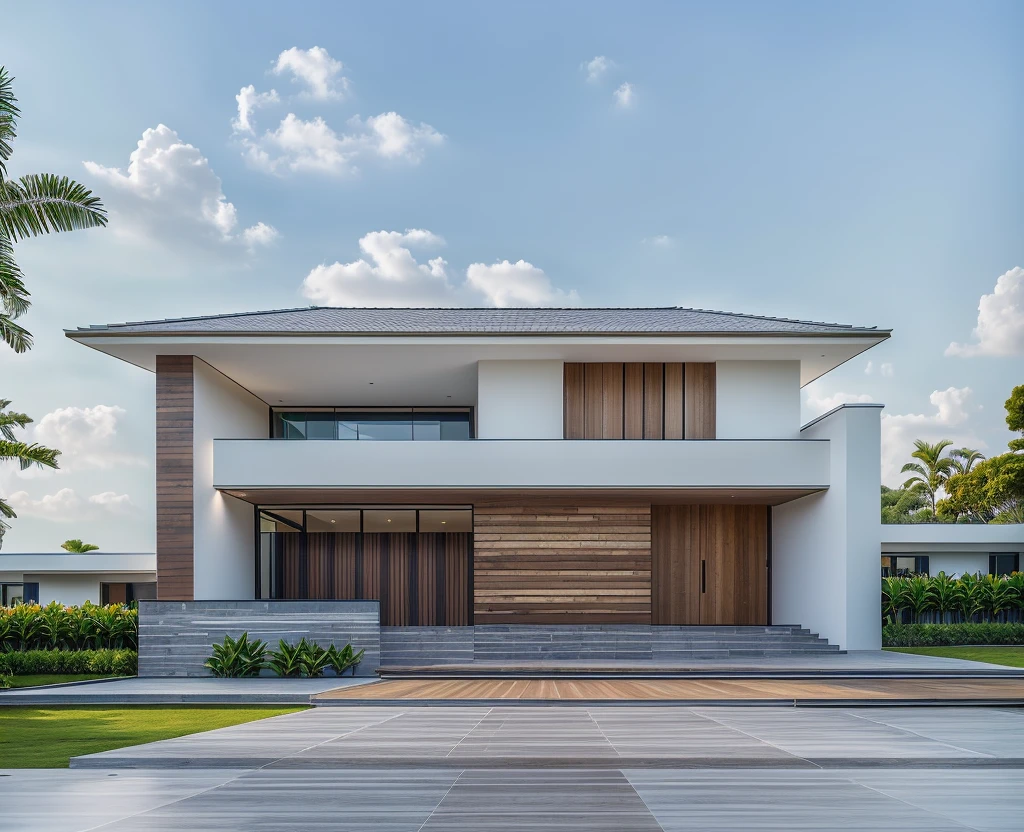 1 main wood door, slope roof, many glass door, concrete, wood wall,white, modern villa, palm, plant, beautiful sky, wood facade, architecture, beautiful, masterpiece, best quality, super detailed, realistic, photorealistic, 8k, sharp focus, droste effect photography, macro photography