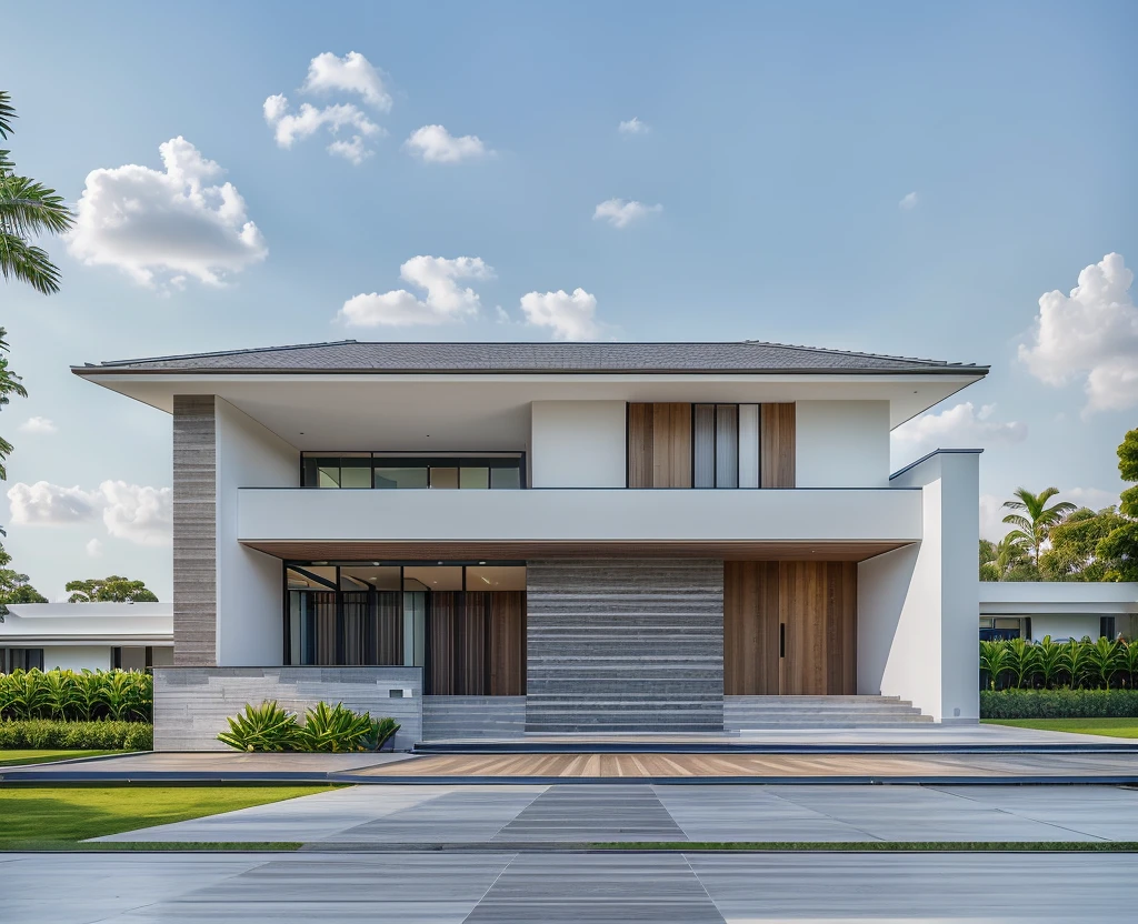 1 main wood door, slope roof, many glass door, concrete, wood wall,white, modern villa, palm, plant, beautiful sky, wood facade, architecture, beautiful, masterpiece, best quality, super detailed, realistic, photorealistic, 8k, sharp focus, droste effect photography, macro photography