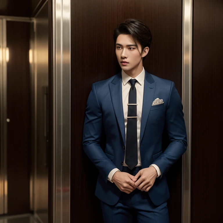 masterpiece,highest quality,Attention to detail,1 male,good looking,Sturdy yet sophisticated look,Fair skin with the charm of the boy next door,Exact details,blazer,Slim fit trousers,tie,Finely drawn backgrounds,Depth of written boundary,Visual Effects,Cinematic shots,Inside the elevator