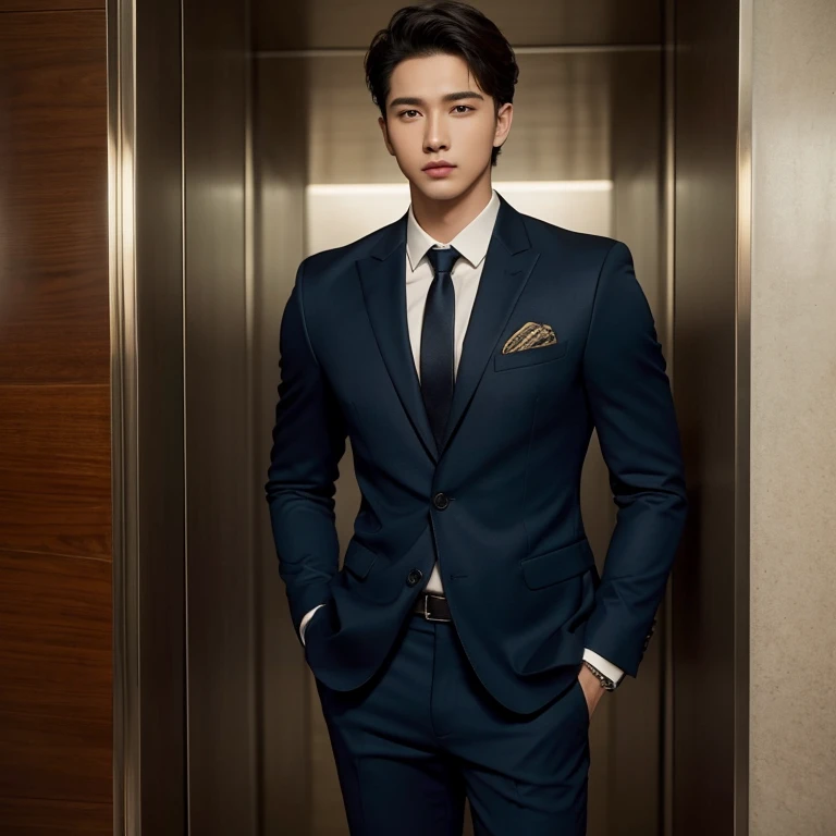 masterpiece,highest quality,Attention to detail,1 male,good looking,Sturdy yet sophisticated look,Fair skin with the charm of the boy next door,Exact details,blazer,Slim fit trousers,tie,Finely drawn backgrounds,Depth of written boundary,Visual Effects,Cinematic shots,Inside the elevator