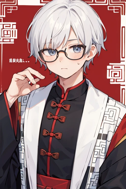 20-year-old male with white hair, glasses, centered pattern, multi-layered background, Chinese clothing